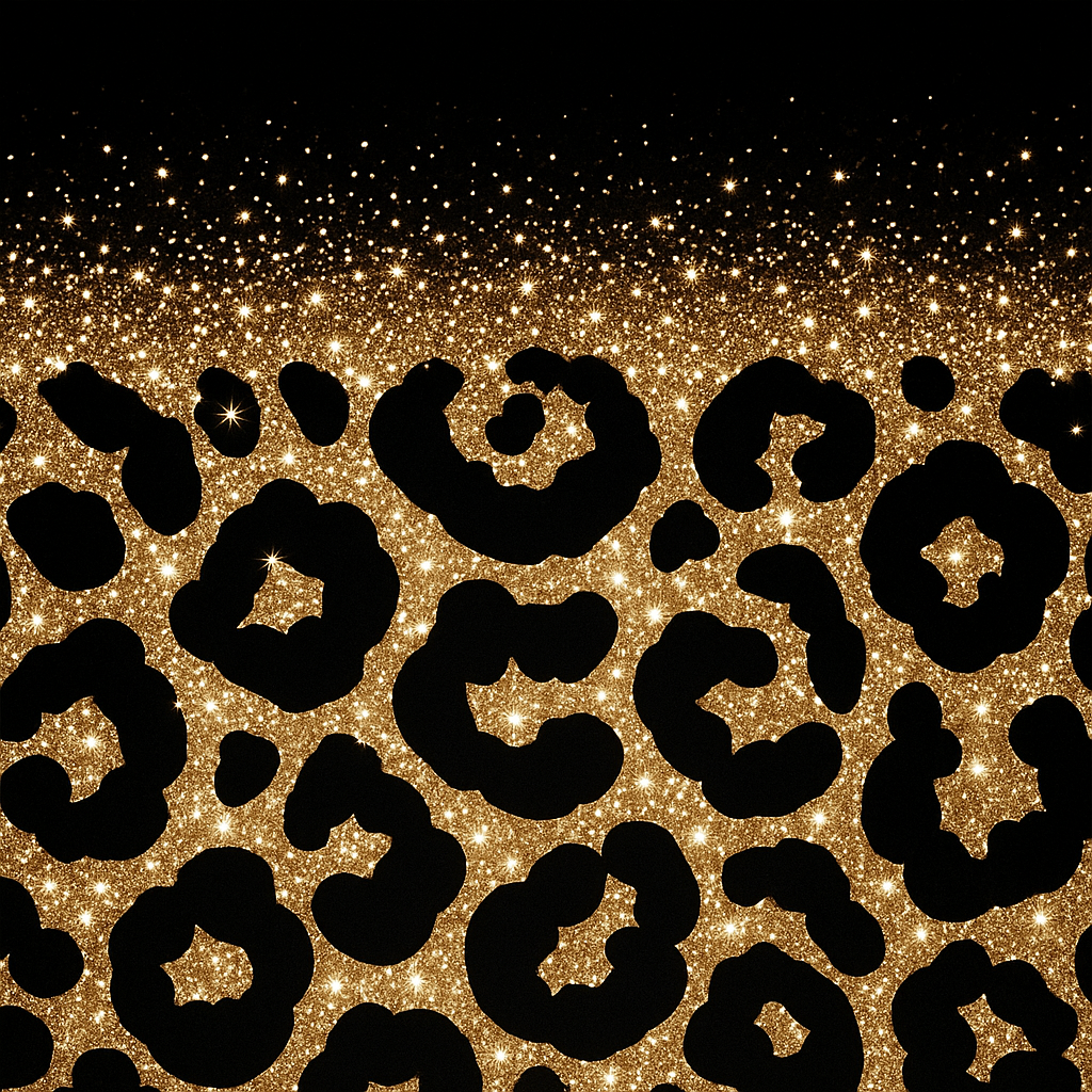 Black leopard spots on a background of gold glitter and black with sparkles.
