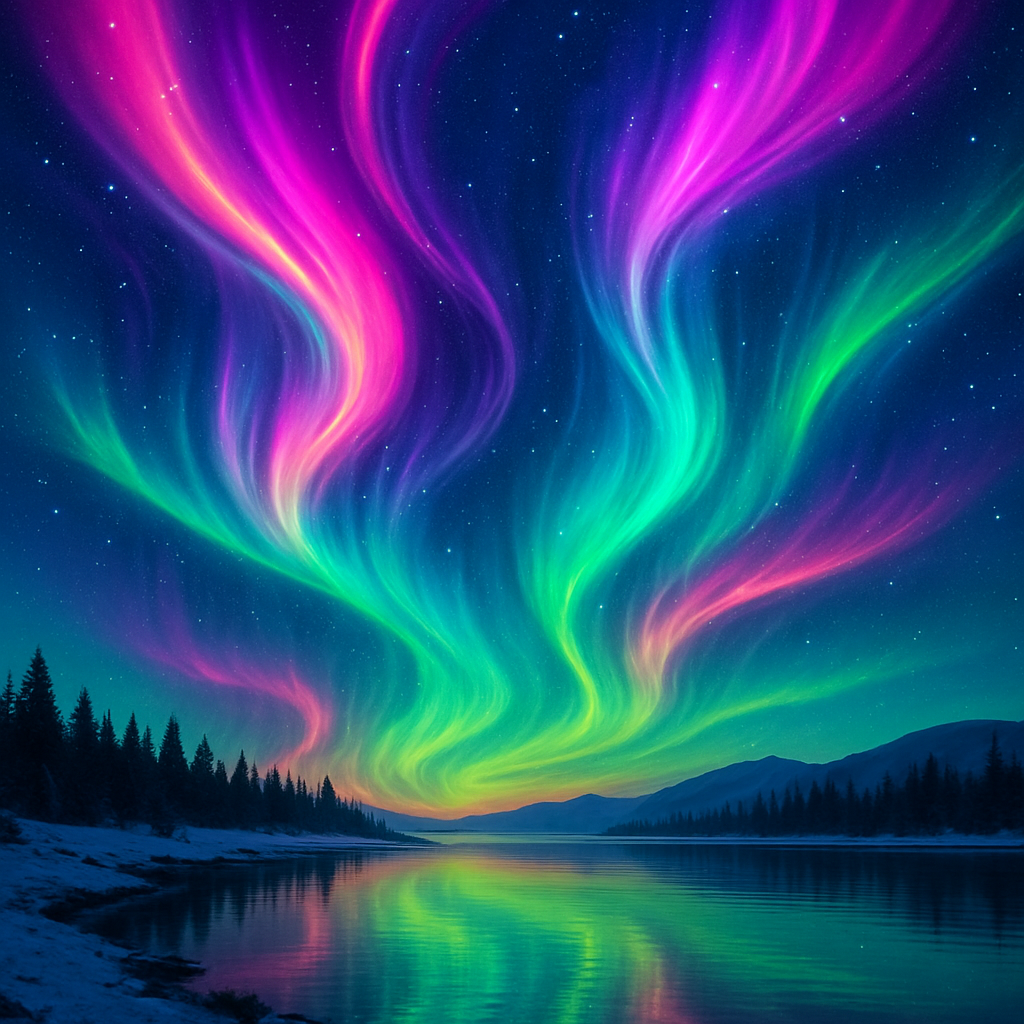 Animated neon pink, purple, and green aurora borealis over a starry night sky, lake, and forest.