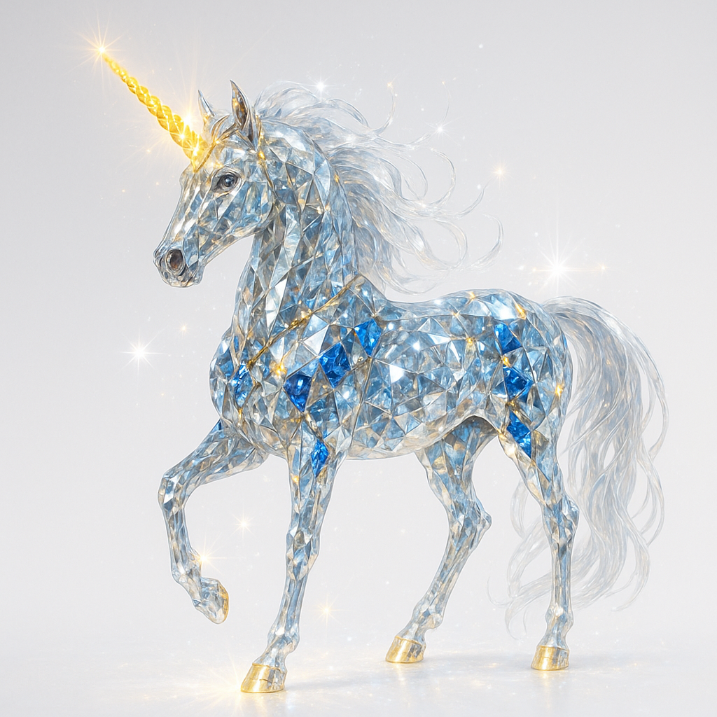A majestic crystal unicorn with a golden horn, blue accents, and sparkles.