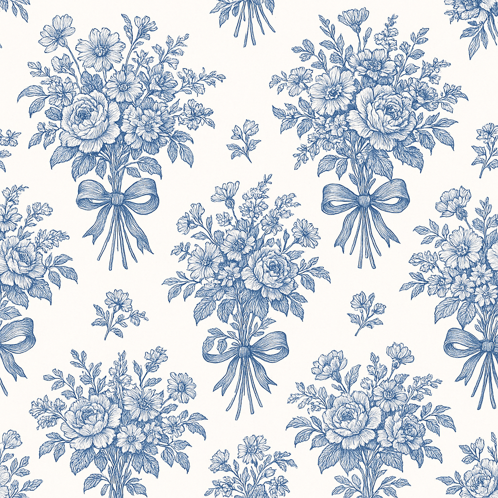 Blue Chinoiserie floral bouquets with bows on a white background.