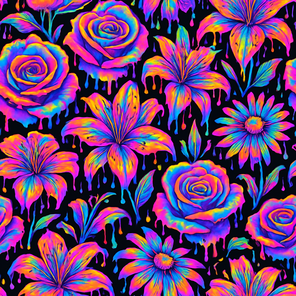 Psychedelic floral kaleidoscope pattern with dripping neon roses, lilies, and daisies in vibrant colors.