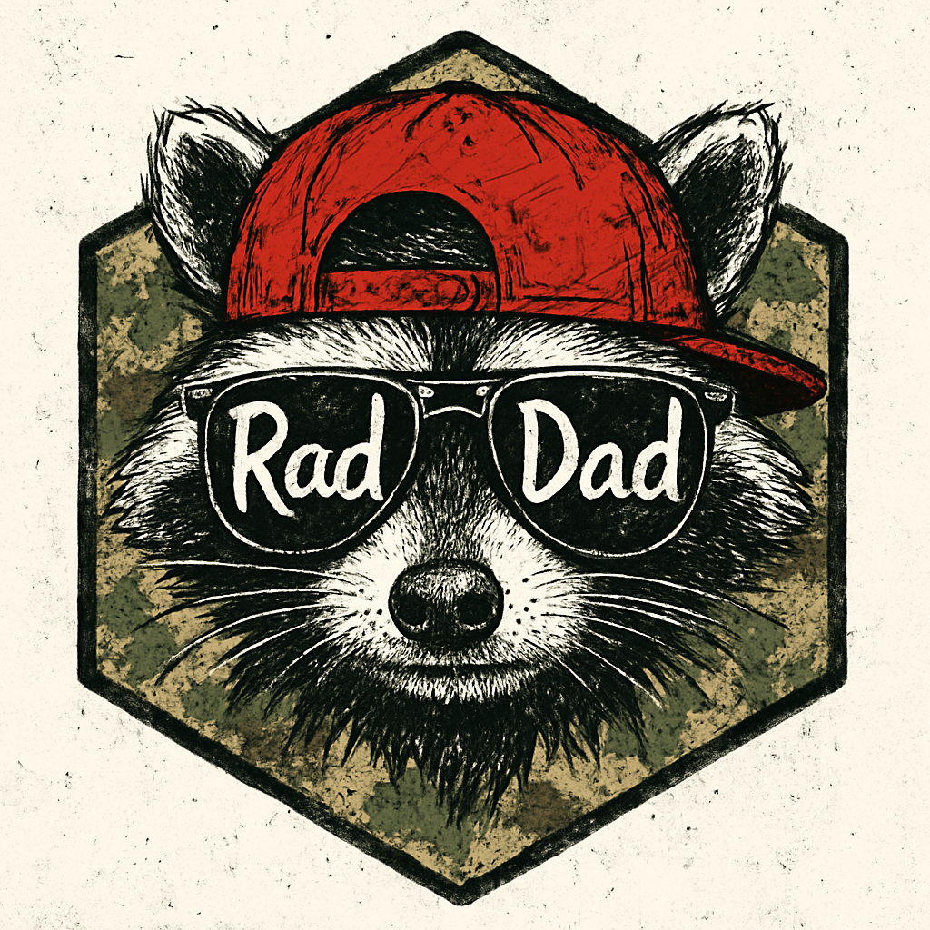 Raccoon wearing sunglasses with 'Rad Dad' text and a red cap, set against a camouflage hexagon.