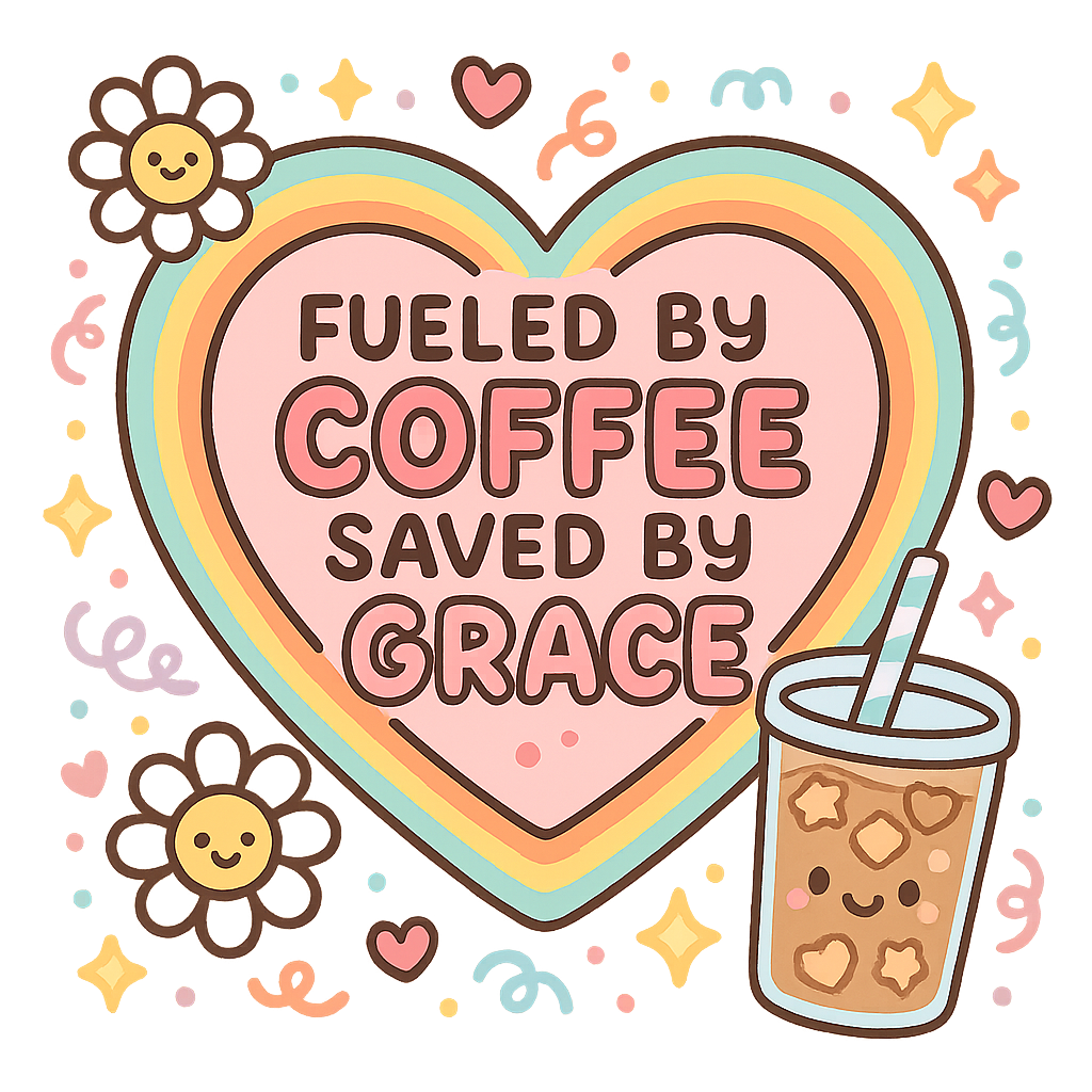 Kawaii coffee cup and heart with text "FUELED BY COFFEE SAVED BY GRACE", cute flowers, stars and hearts.