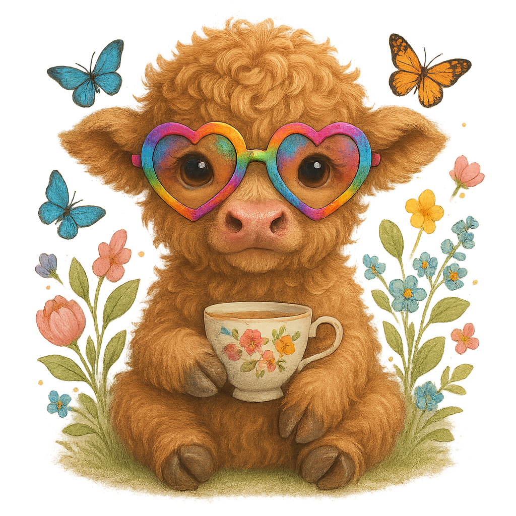 Pop art highland cow wearing rainbow heart sunglasses and holding a floral teacup, surrounded by butterflies and flowers
