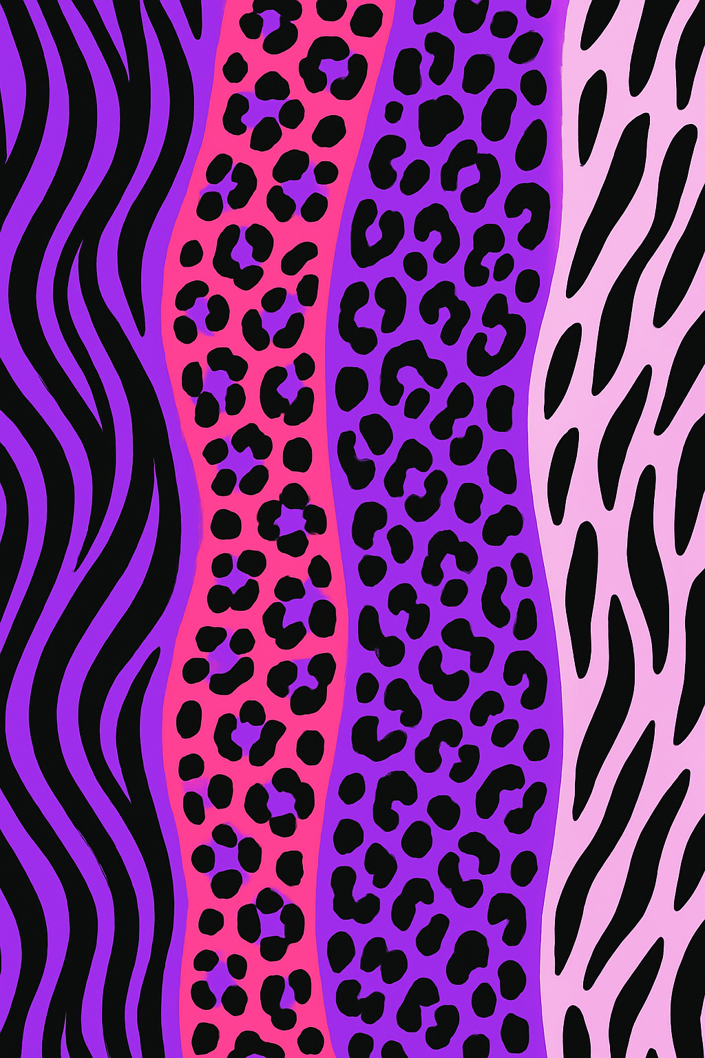 Wavy stripes of purple and black zebra print, hot pink leopard print, purple leopard print, and pale pink animal print.