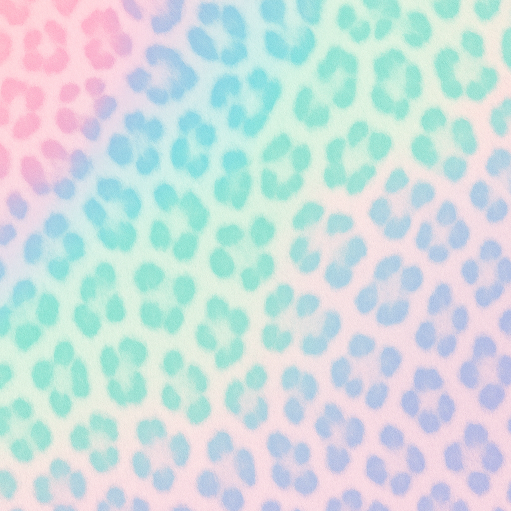 Pastel rainbow leopard print design with pink, blue, and green colors.