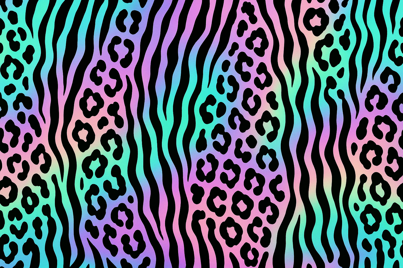 Zebra and leopard print fusion with a pastel gradient background in pink, purple, and turquoise.