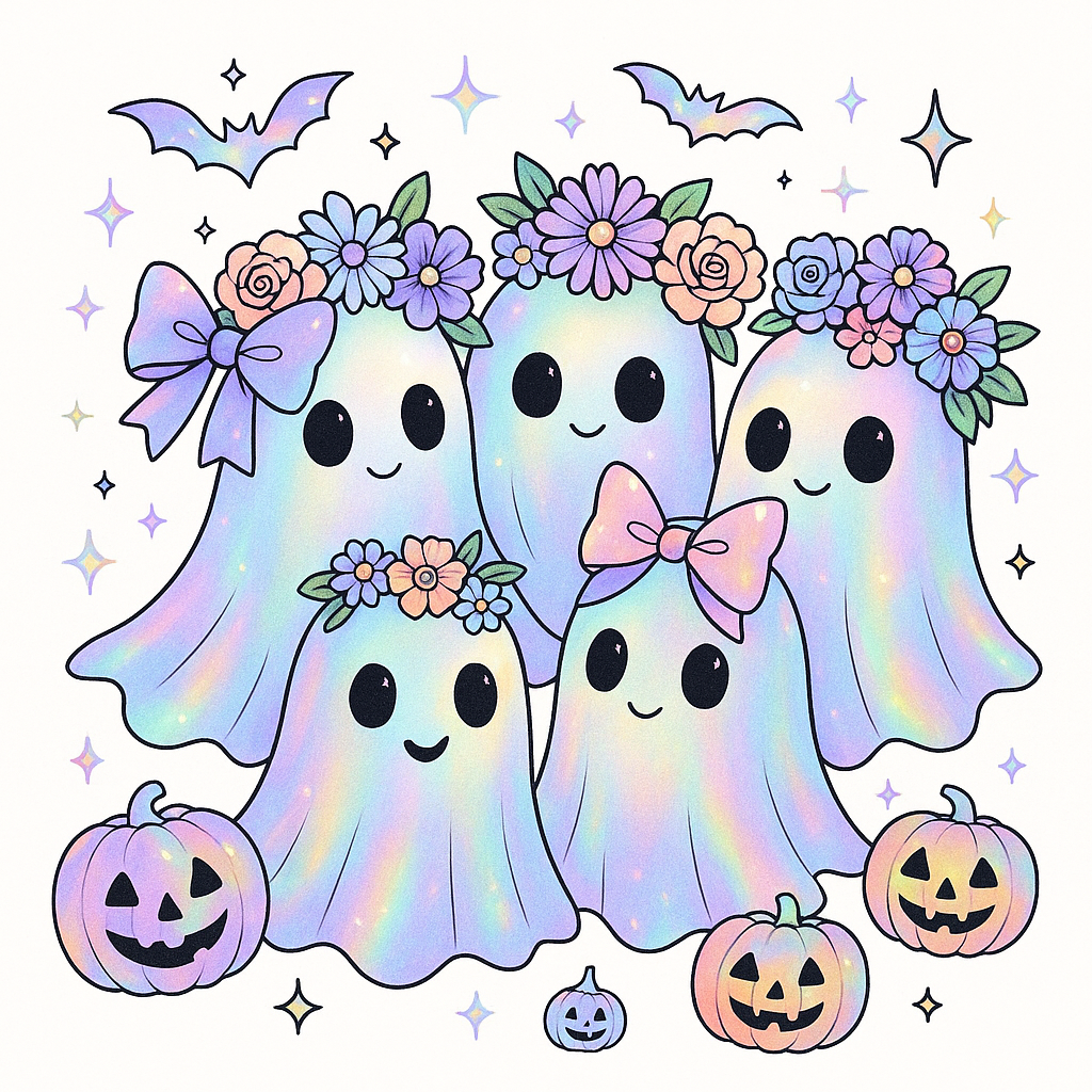 A group of five cute, iridescent ghosts wearing flower crowns and bows, with jack-o'-lanterns and bats, perfect for Hall