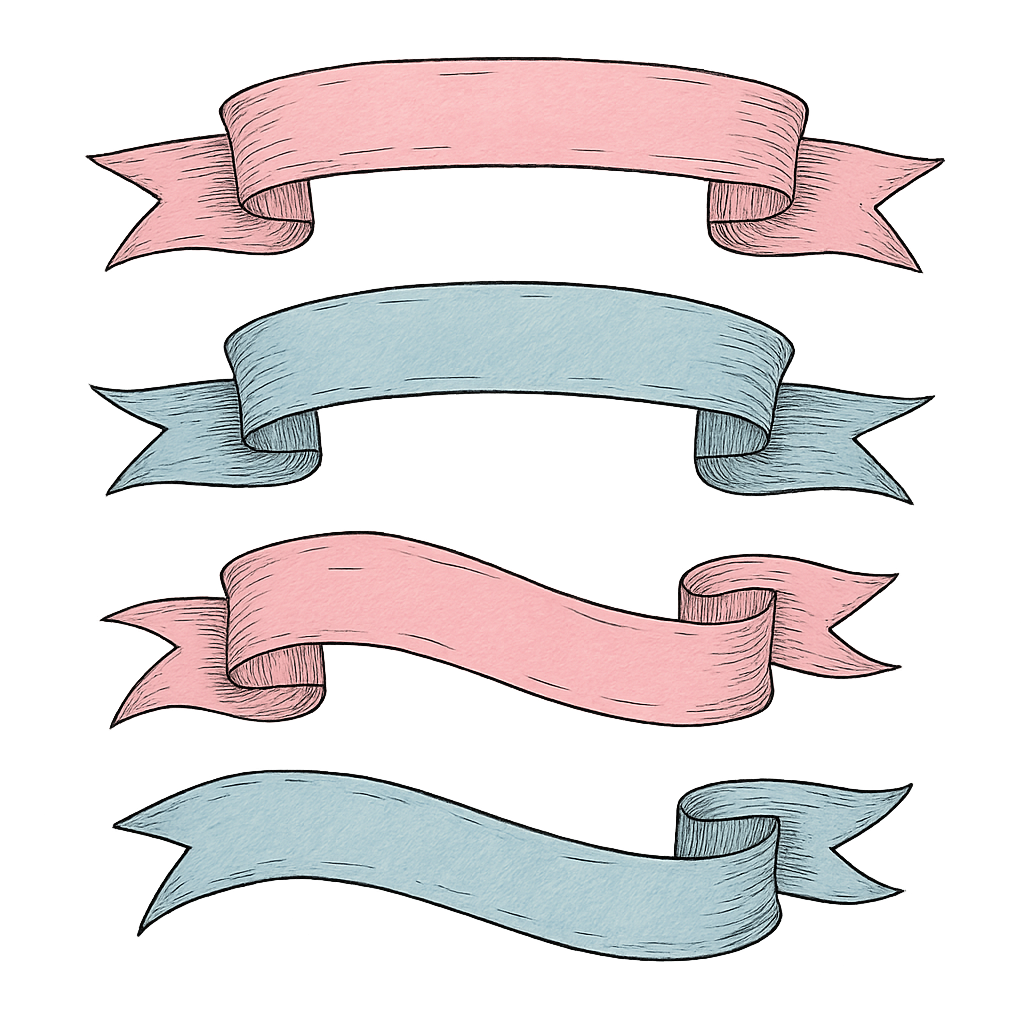 Four hand-drawn banners - two pink and two blue ribbons with pointed ends on a black background.