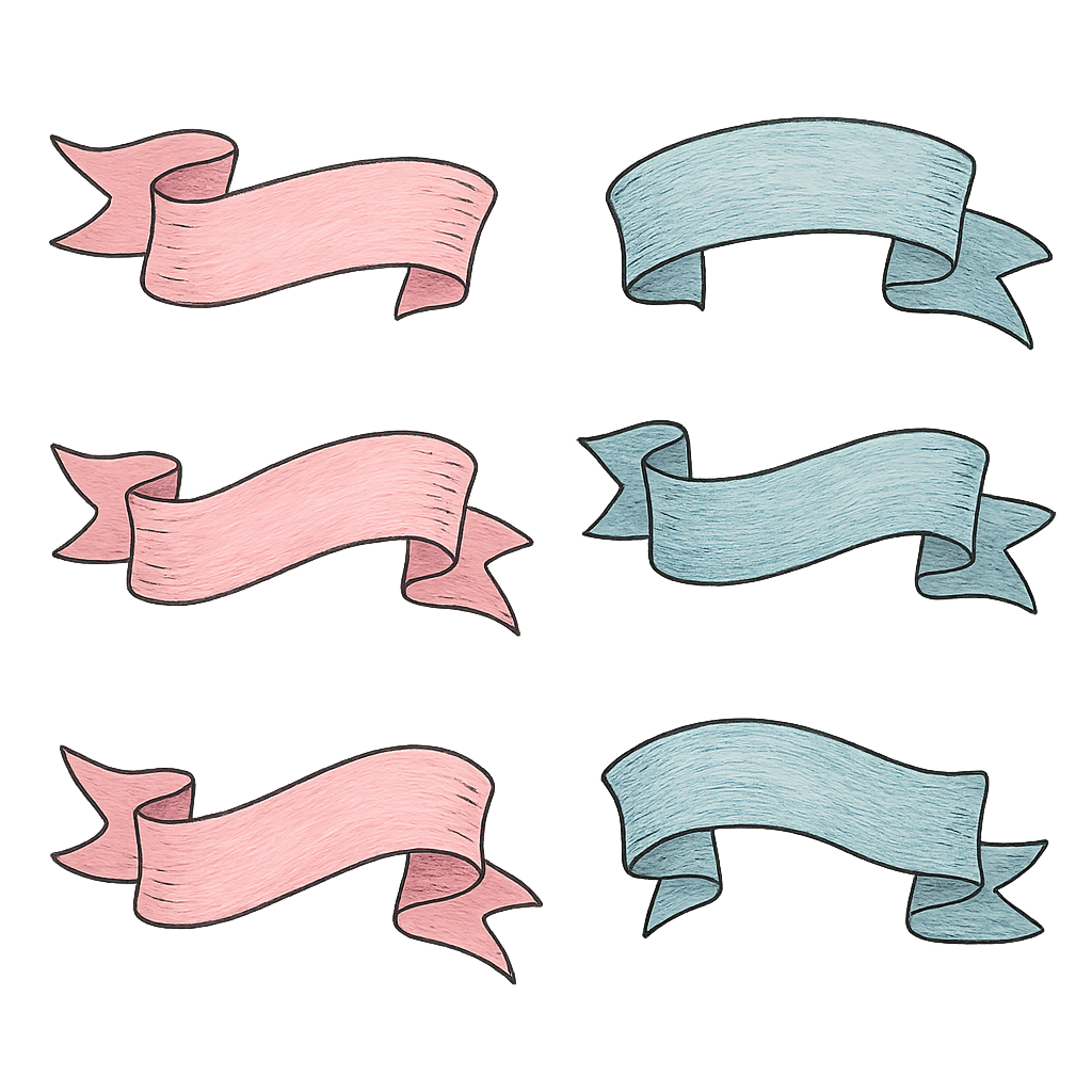 Six hand-drawn banners in pink and blue with textured lines, arranged in two columns.