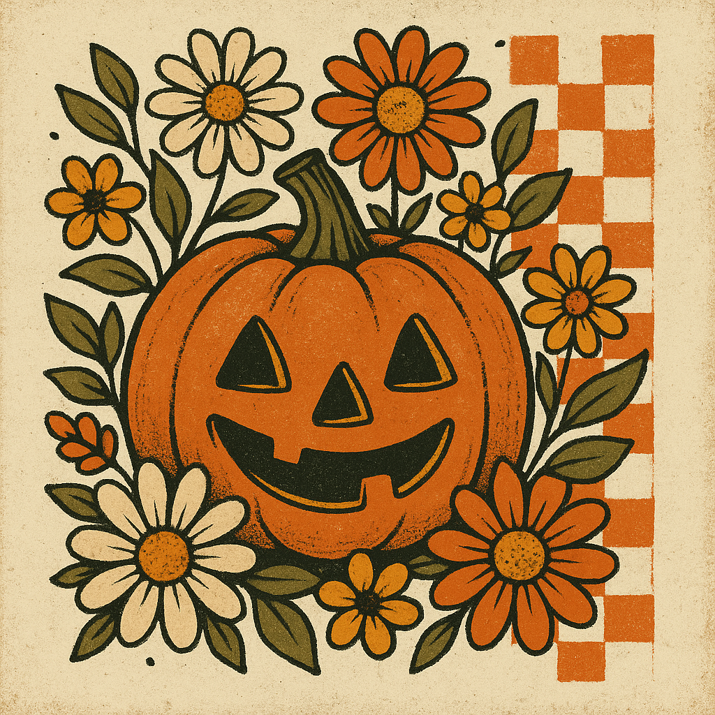 Vintage jack-o'-lantern surrounded by retro flowers and leaves, with an orange and white checkered pattern on the side.