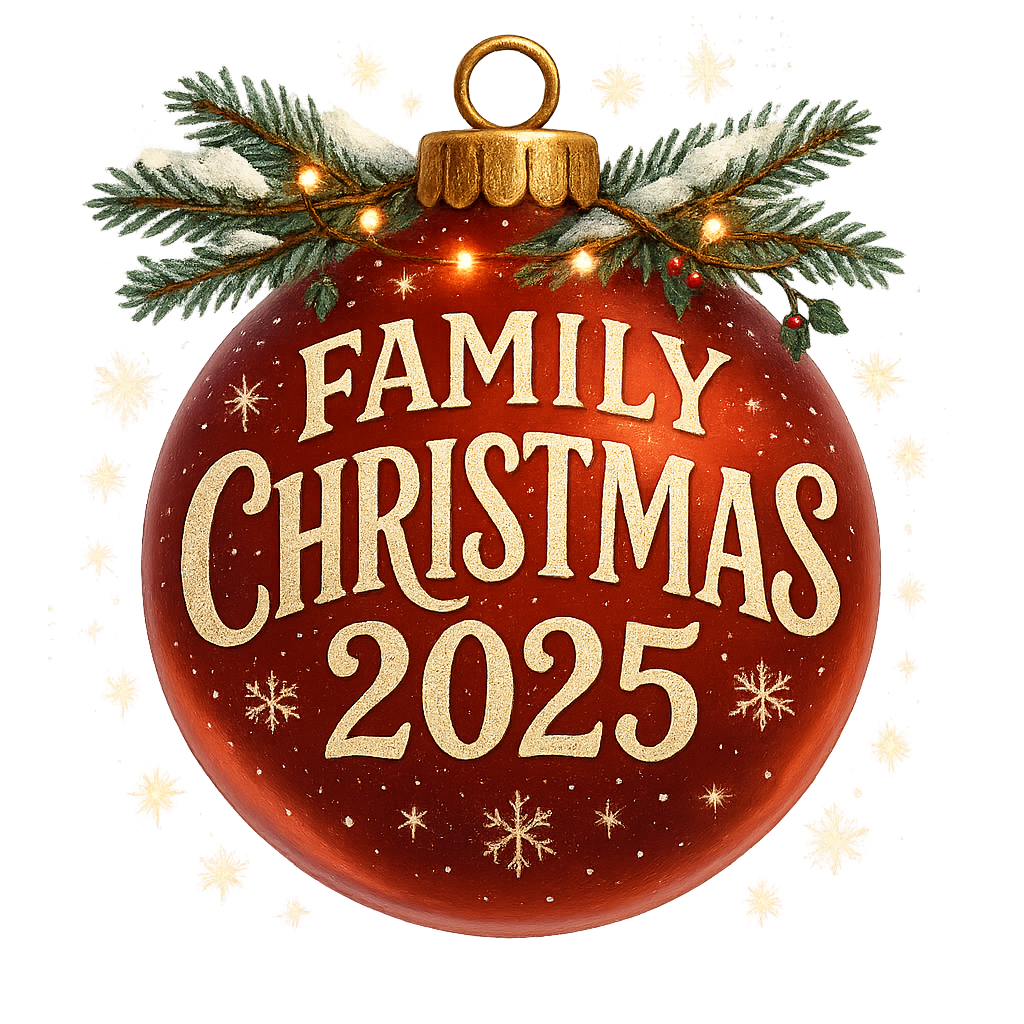 Red Christmas ornament with 'FAMILY CHRISTMAS 2025' text, decorated with pine branches, fairy lights, and snowflakes.