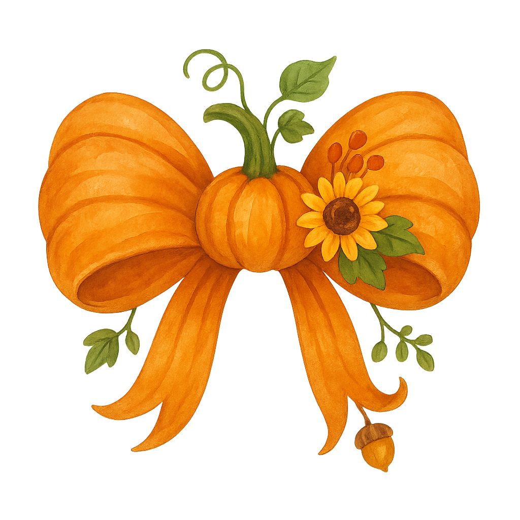 Watercolor pumpkin bow with sunflower, leaves, and an acorn, perfect for fall and Thanksgiving designs.