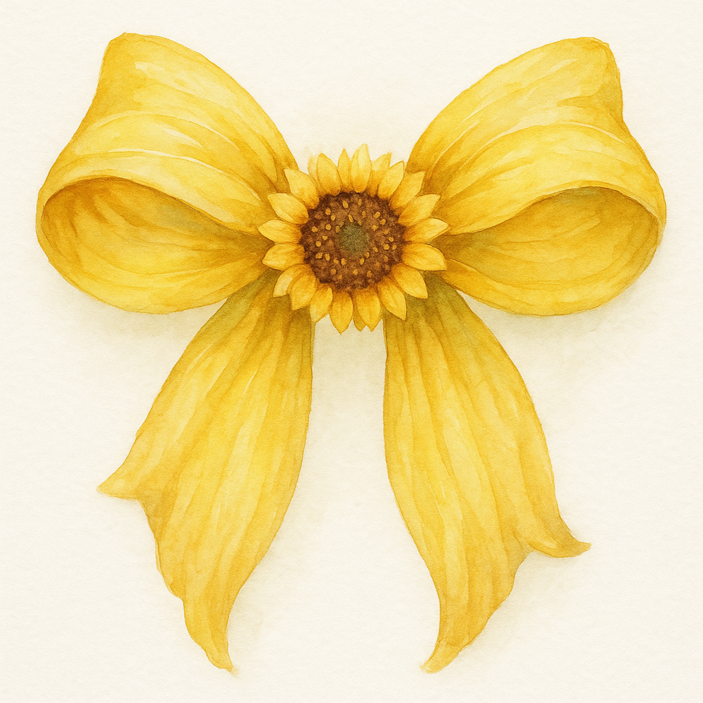 Yellow watercolor bow with a sunflower in the center.