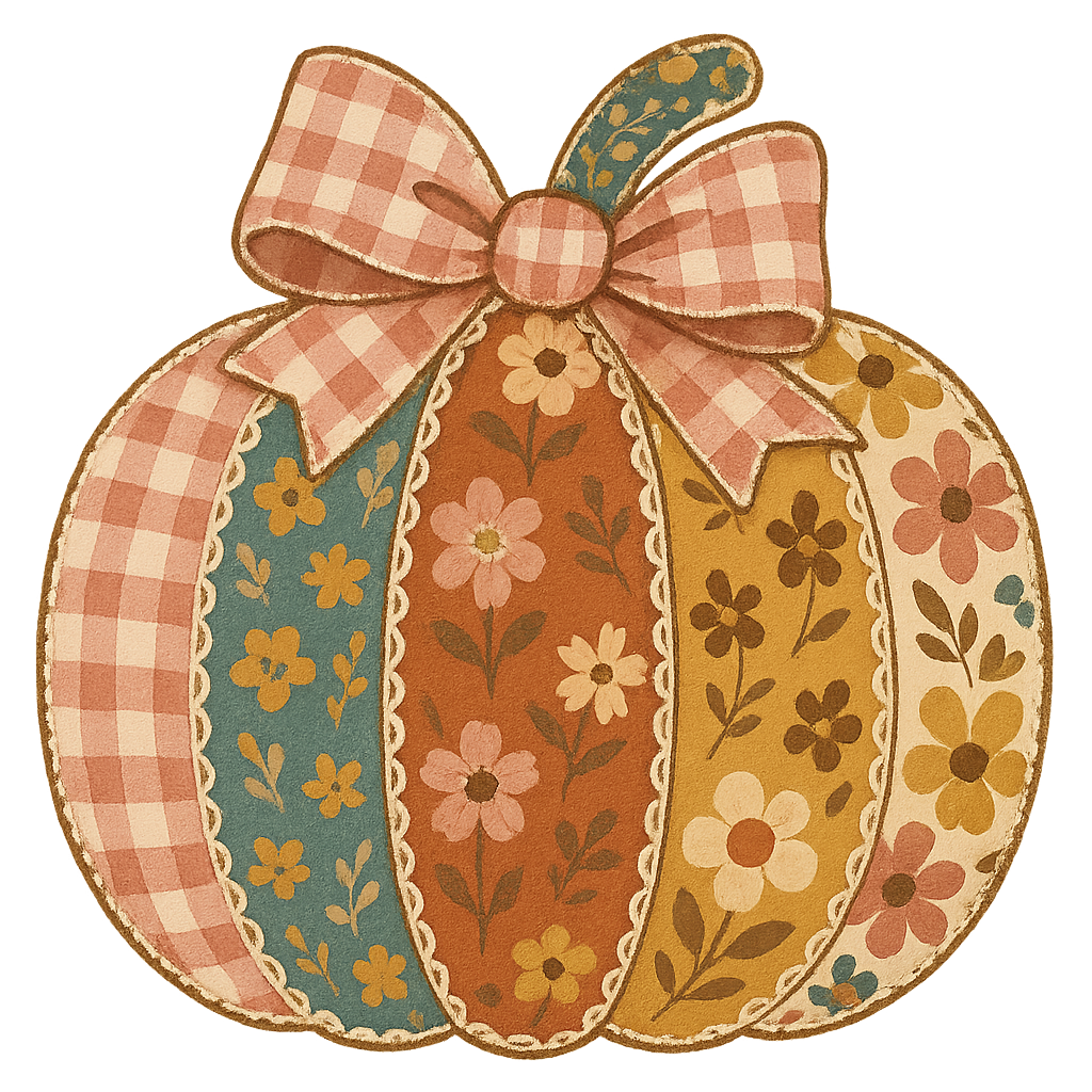 Whimsical patchwork pumpkin with pink gingham bow and floral patterns in teal, orange, yellow, and cream.