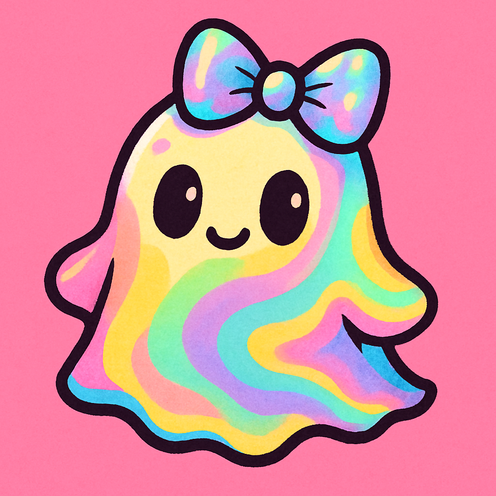 Kawaii rainbow ghost wearing a pastel bow, with a happy expression.