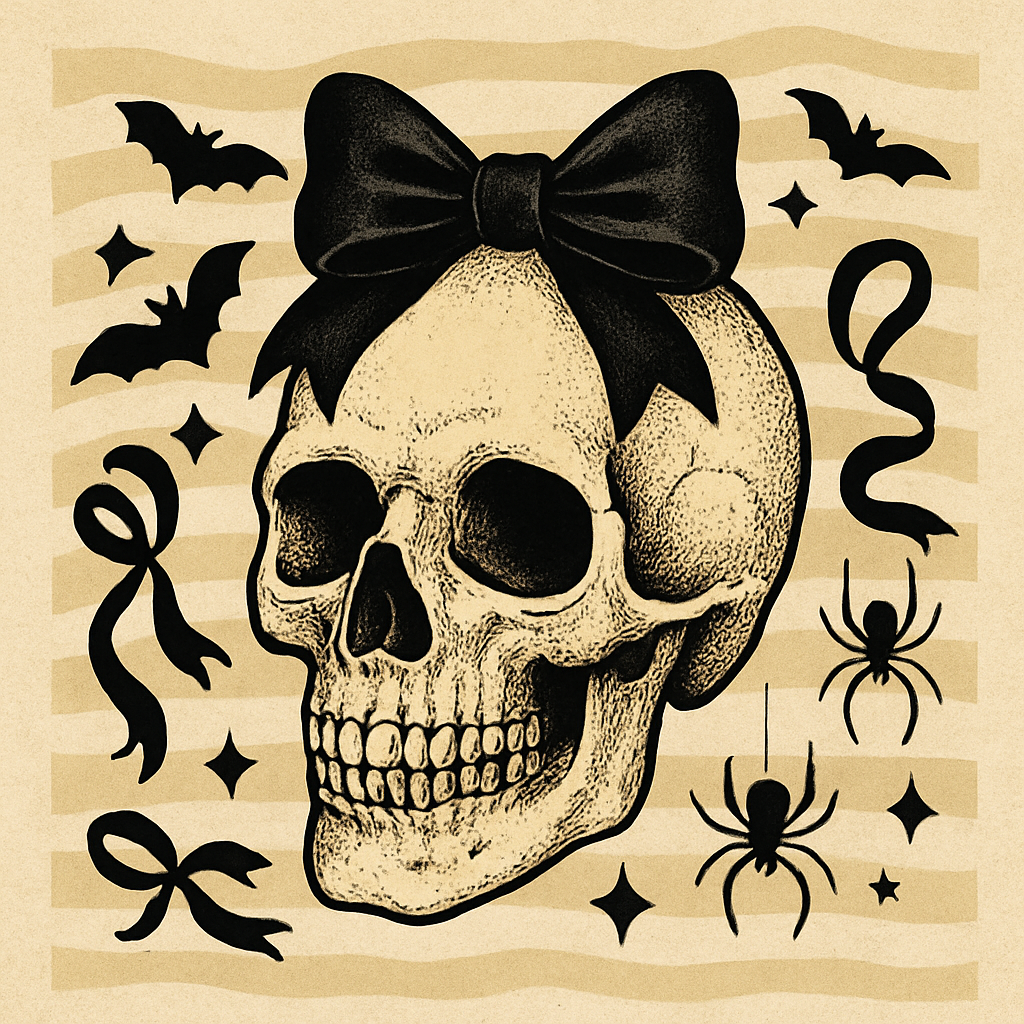 Gothic skull with a large black bow, surrounded by bats, spiders, ribbons, and stars.