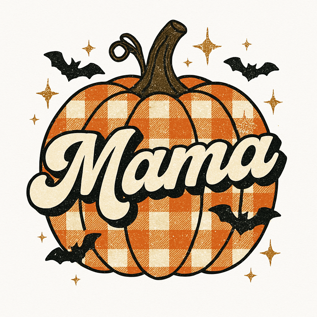 A retro-style plaid pumpkin with the word 'Mama' in a creamy font, surrounded by bats and sparkle stars.