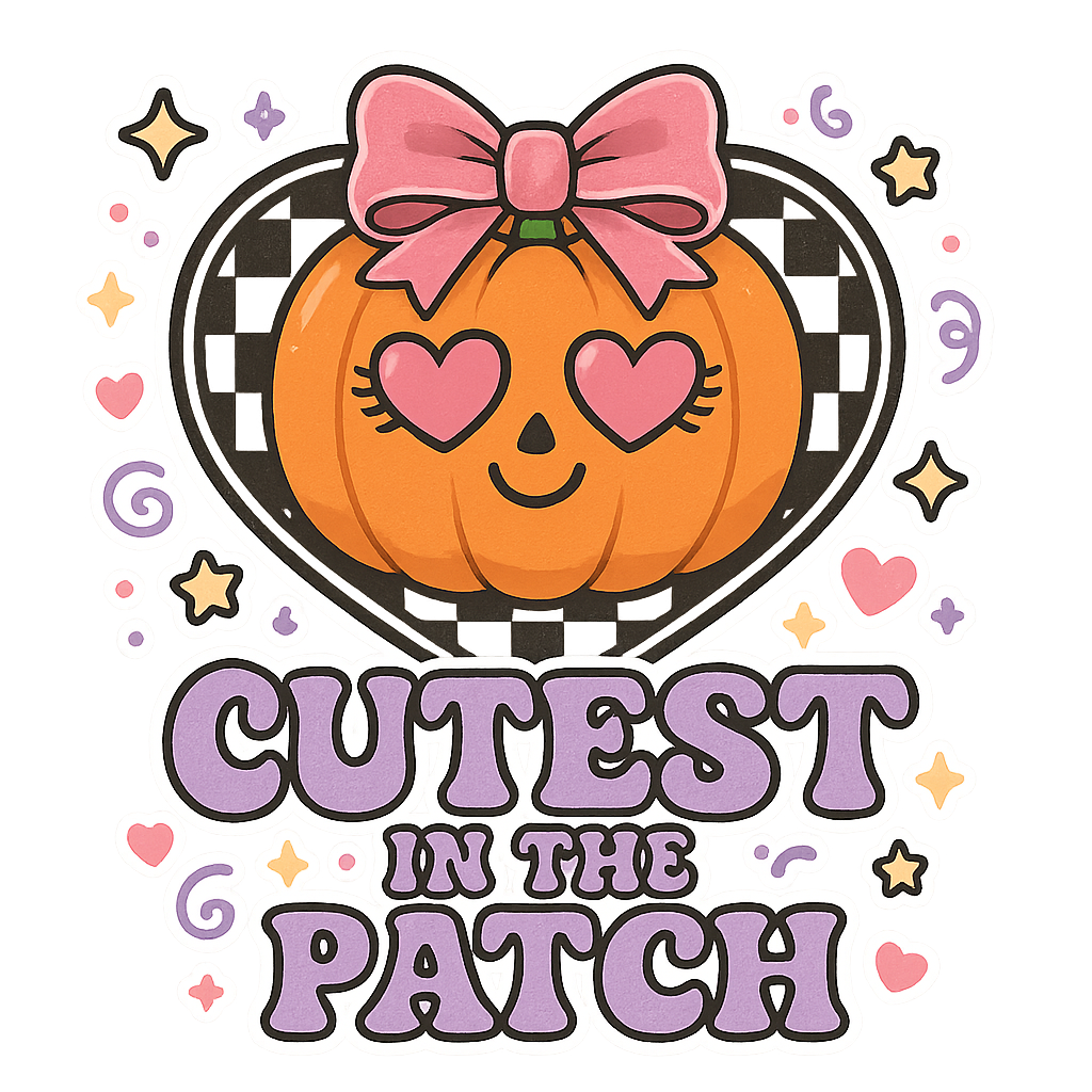 Cutest pumpkin with heart eyes and pink bow, text says 'Cutest In The Patch'. Fall and Halloween themed.