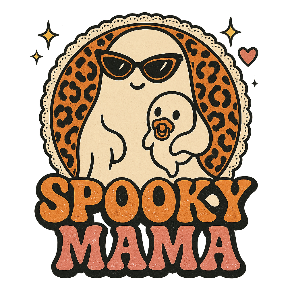 Spooky Mama design with a large ghost wearing sunglasses holding a baby ghost with a pacifier, surrounded by leopard pri
