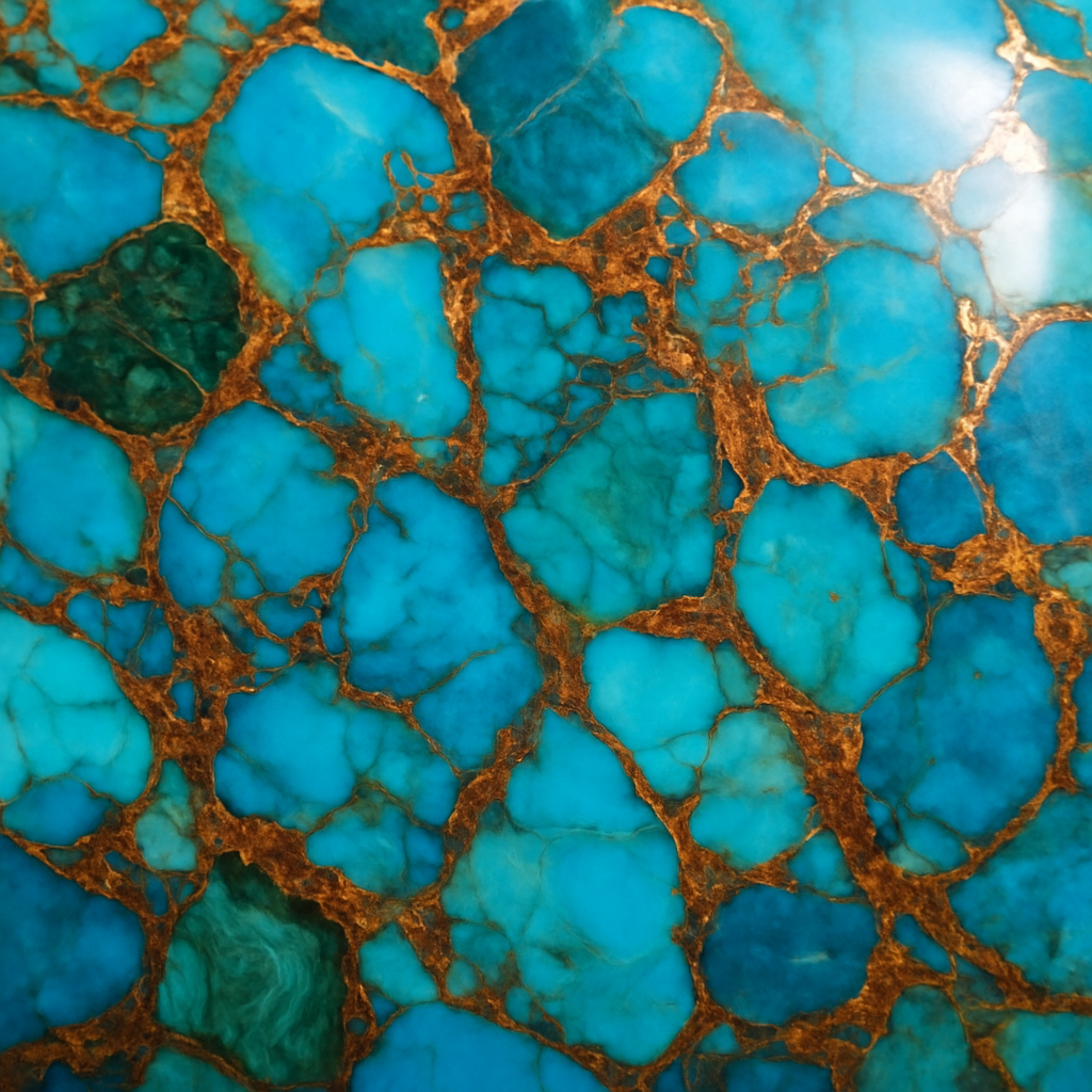 Close-up of copper turquoise gemstone texture with intricate golden veining.