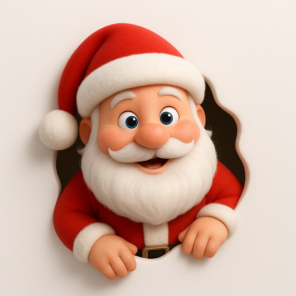 Cartoon Santa Claus peeking out of a hole, ready for Christmas.
