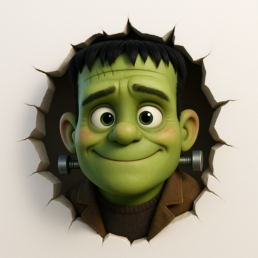 Cartoon Frankenstein monster with green skin and neck bolts peeking through a cracked white background.