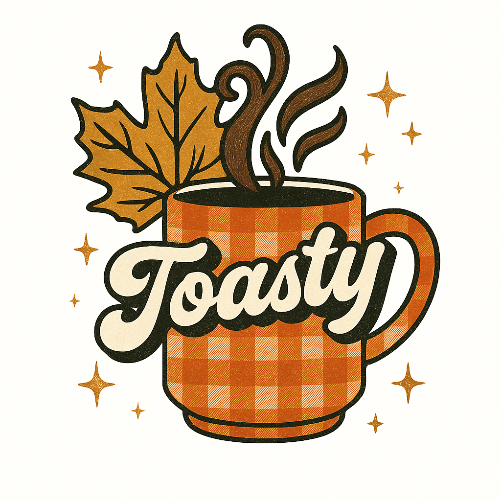 Free transparent PNG of a plaid mug with steam, a maple leaf, and the word "Toasty", surrounded by sparkling stars.