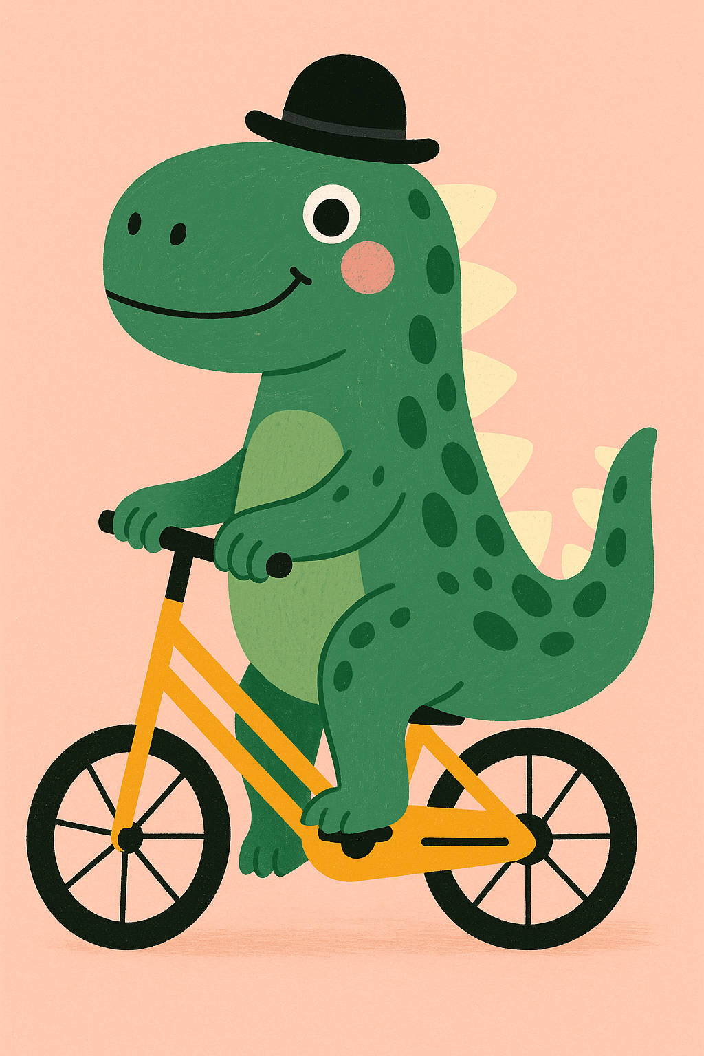 Green cartoon dinosaur wearing a black bowler hat, riding a yellow bicycle on a pink background.