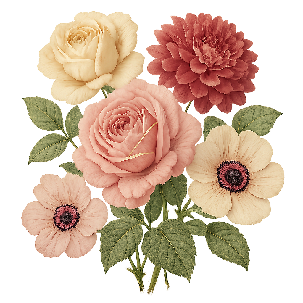 Vintage flower cluster with pink rose, yellow rose, red dahlia, and pink anemones, surrounded by green leaves.