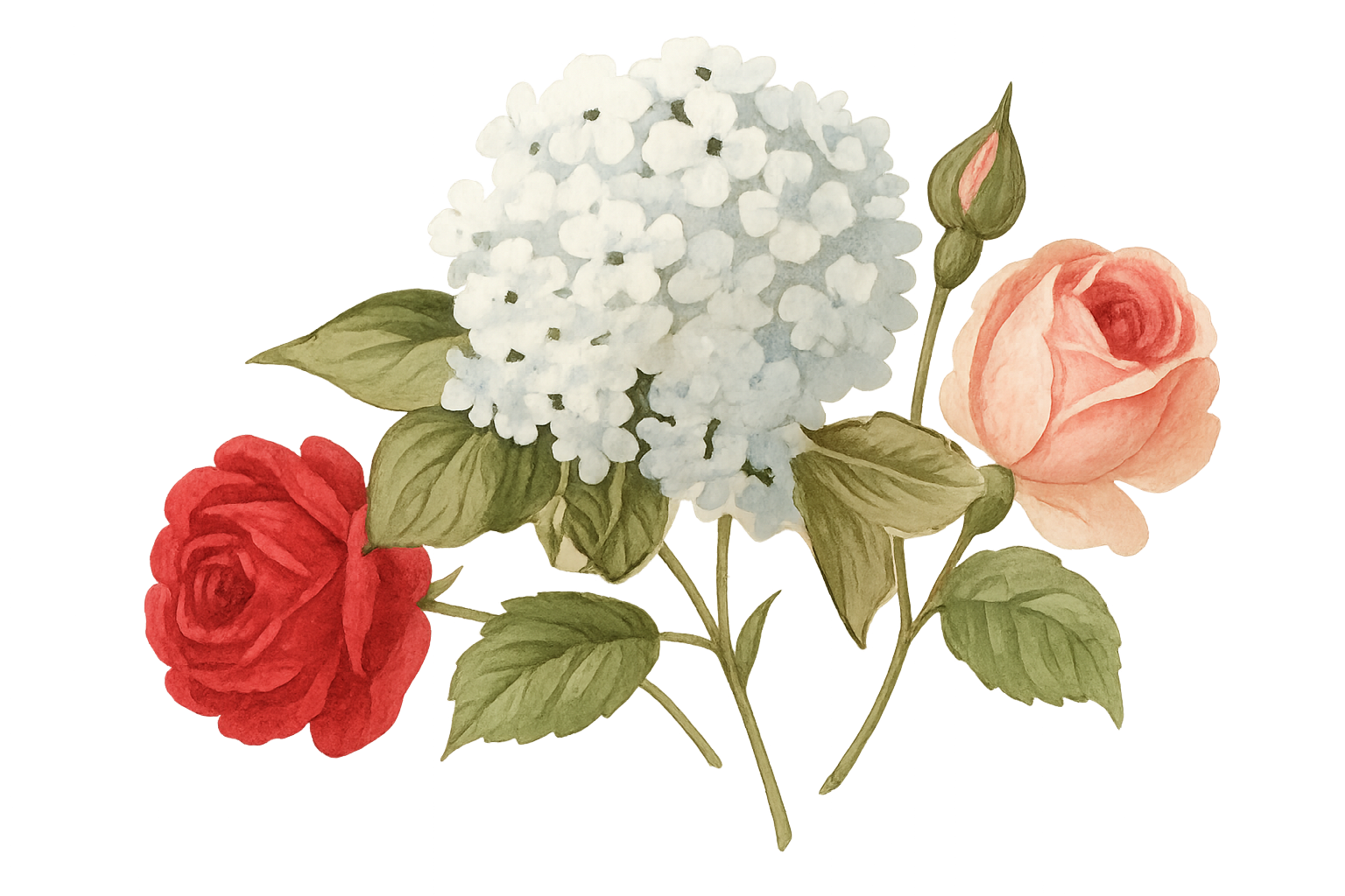 Vintage watercolor illustration of red rose, pink rose with bud, and white hydrangea with green leaves on a transparent 