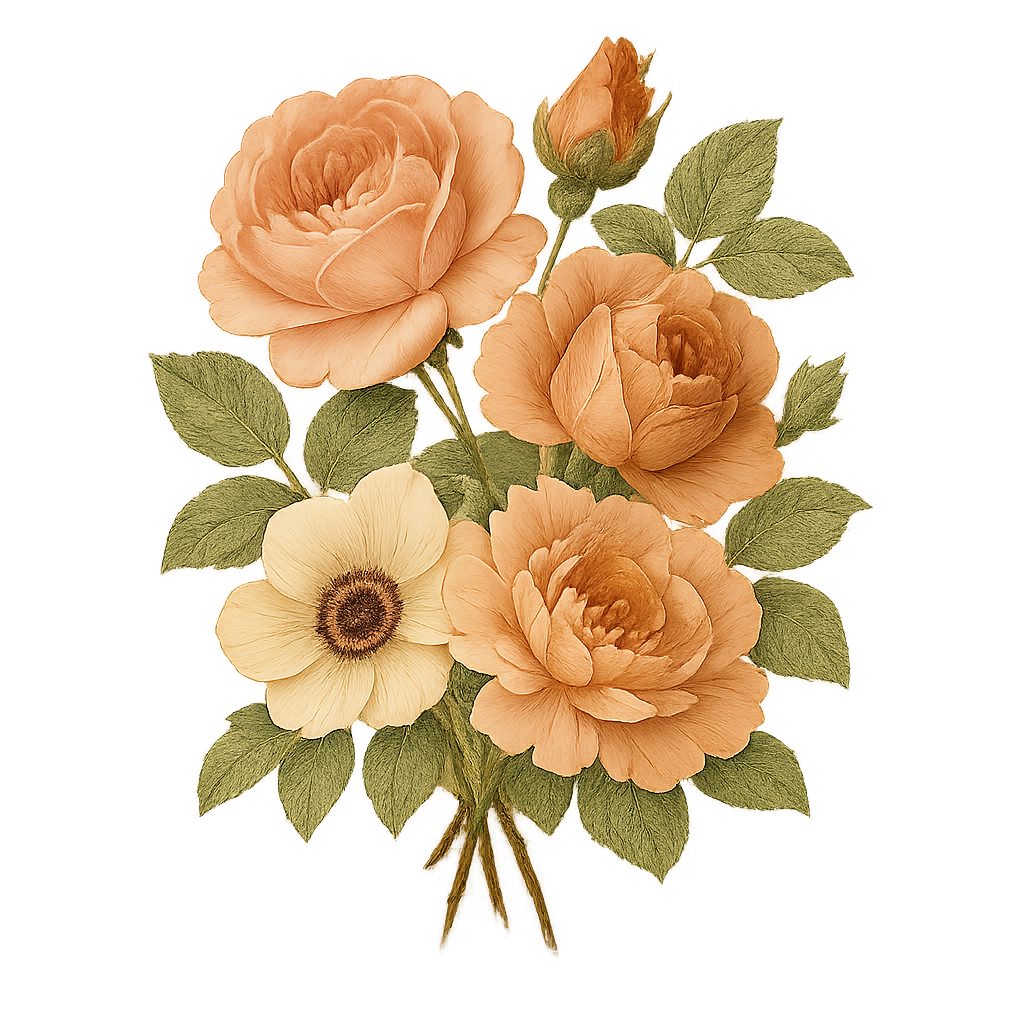 A vintage-style floral bouquet with peach roses and a cream anemone, accented with green leaves.
