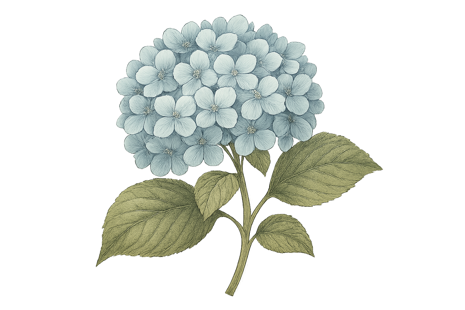 Vintage pale blue hydrangea flower with green leaves and stem on a transparent background.