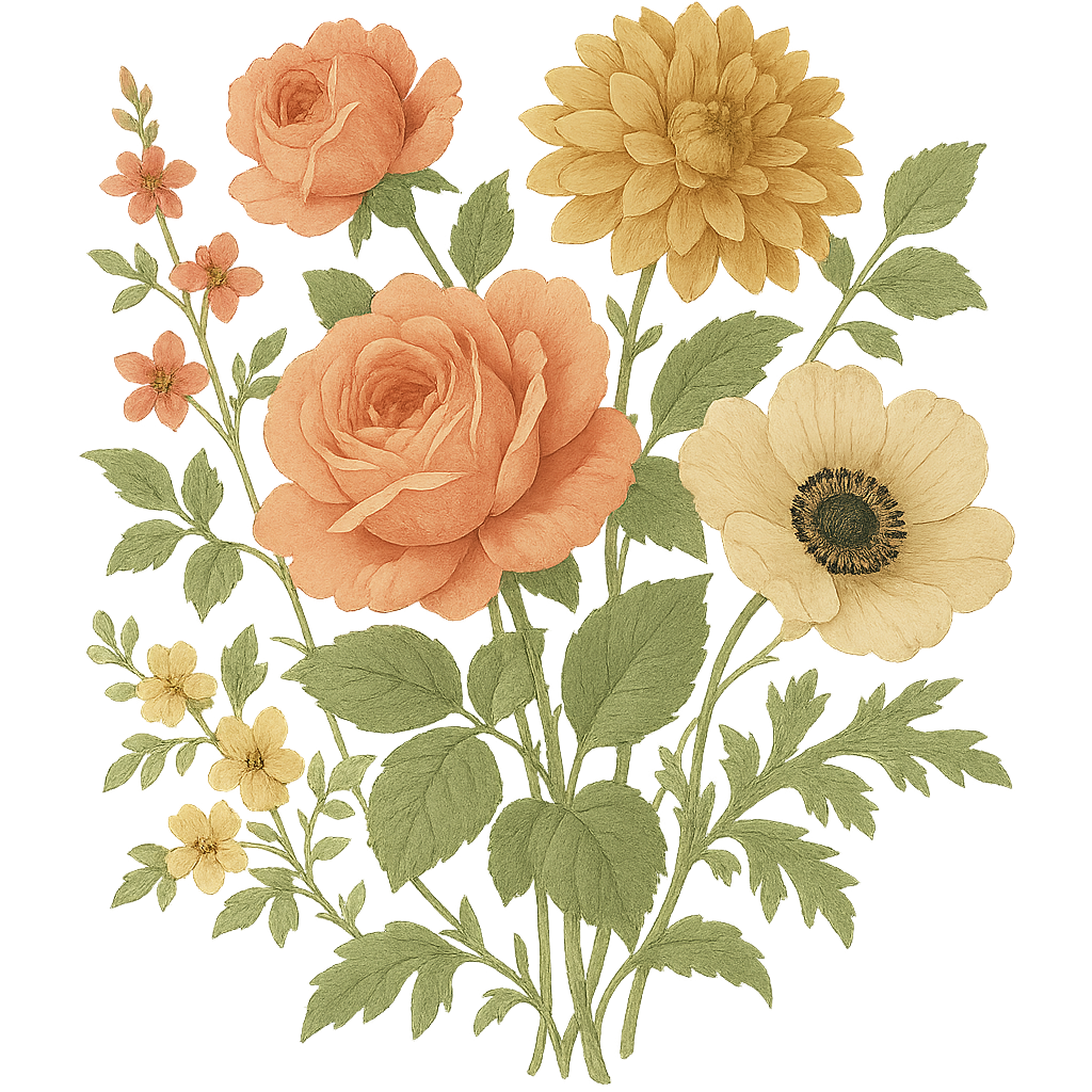 Free PNG illustration of a floral bouquet with peach roses, yellow dahlia, and cream anemones on a black background.
