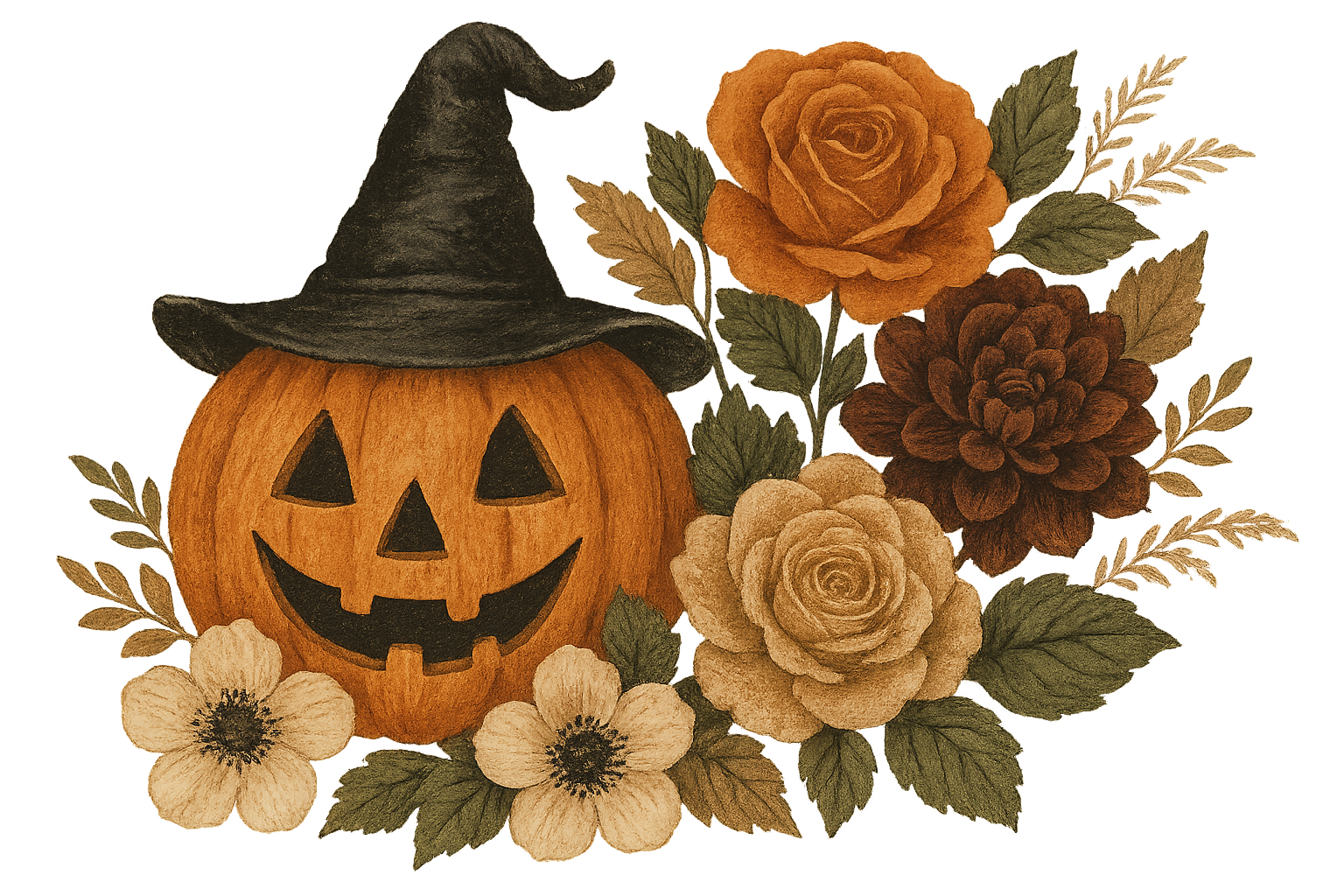 Vintage Halloween jack-o'-lantern with a witch hat, surrounded by autumn roses, dahlias, and leaves.