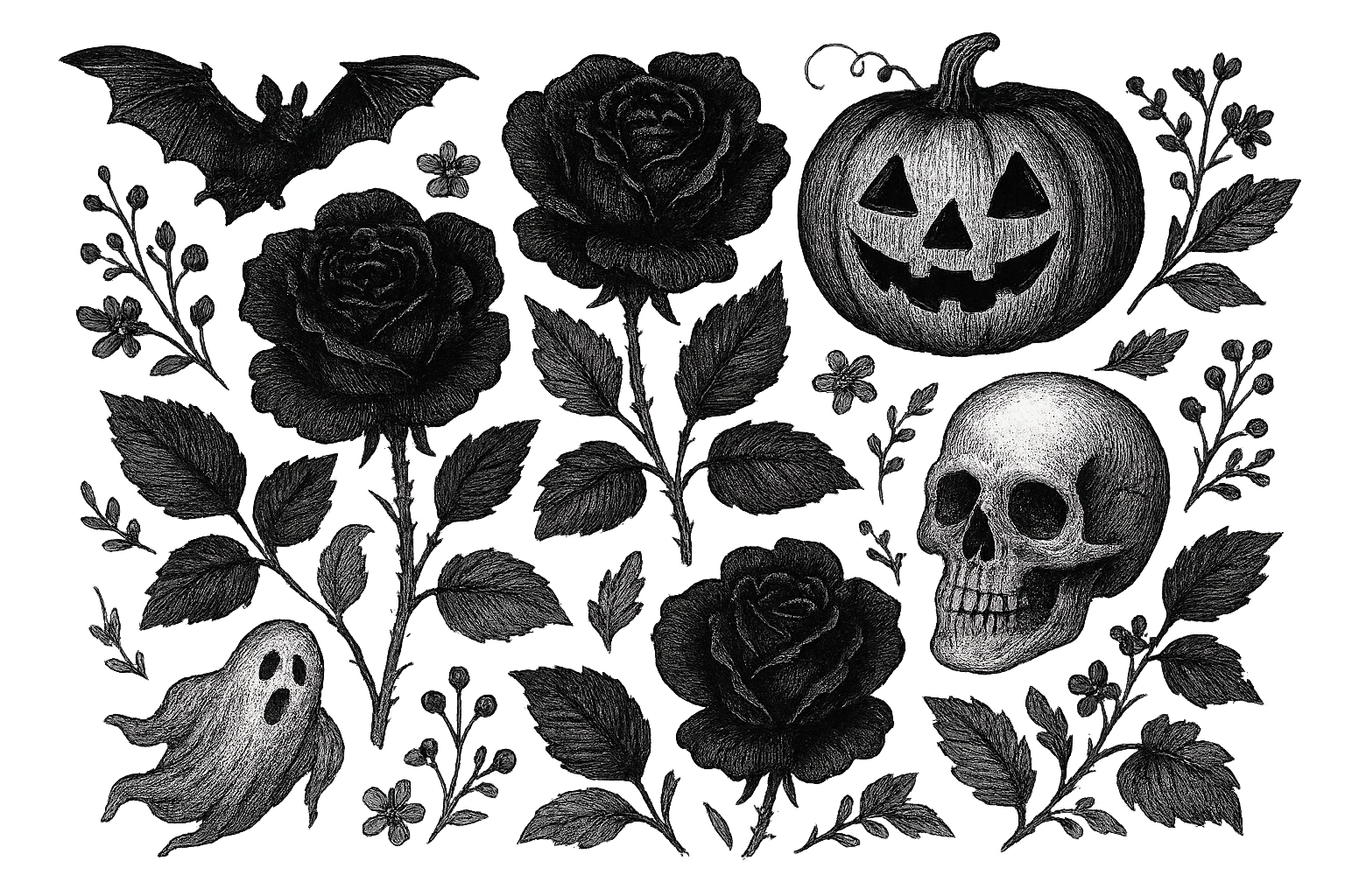 Halloween illustration with a jack-o-lantern, skull, ghost, bat, roses, and floral elements.