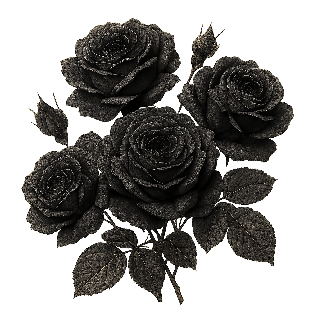 A bouquet of vintage black roses with detailed petals and leaves on a black background.