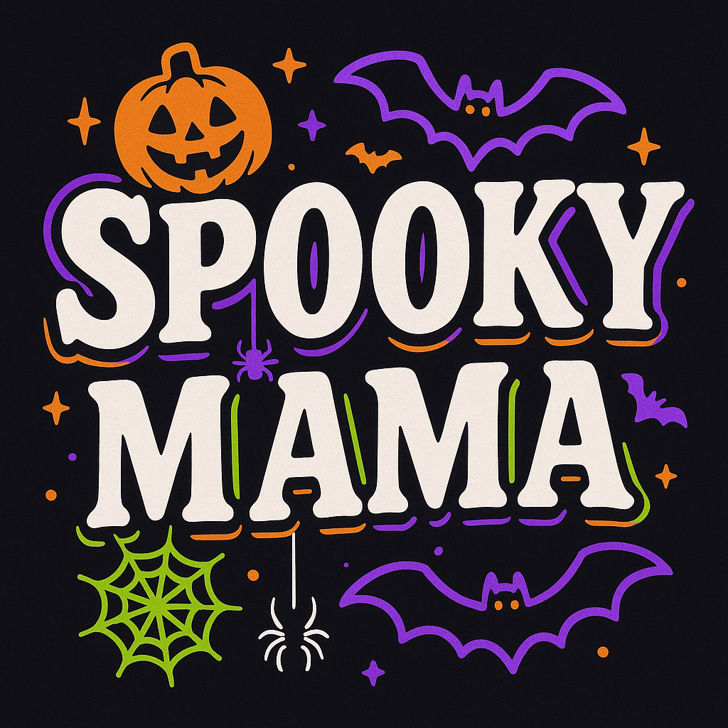Free PNG graphic with the text 'SPOOKY MAMA' in large letters, surrounded by Halloween elements like a pumpkin, bats, an