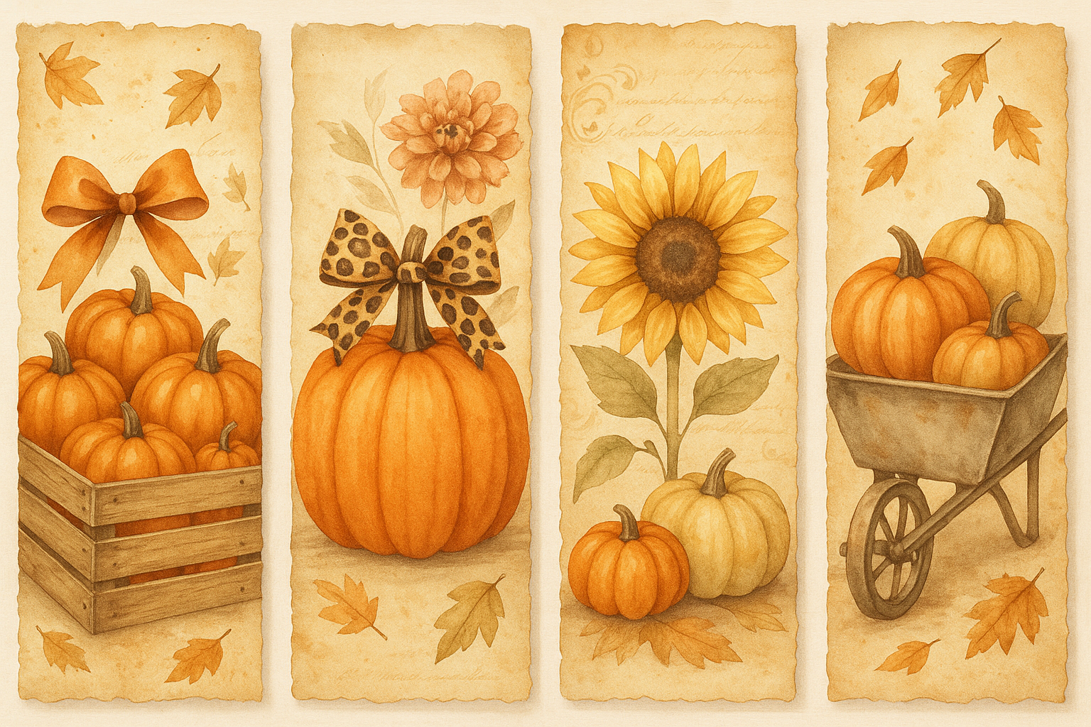 Four watercolor autumn harvest bookmarks, each featuring pumpkins, fall leaves, bows, sunflowers, and a wheelbarrow.