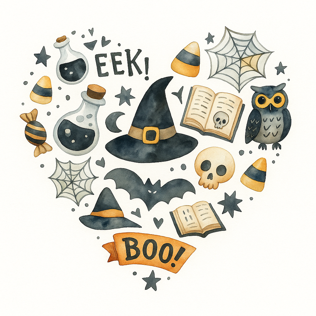 Halloween watercolor collage with text "EEK!" and "BOO!", featuring witch hats, potions, an owl, a bat, skulls, and cand