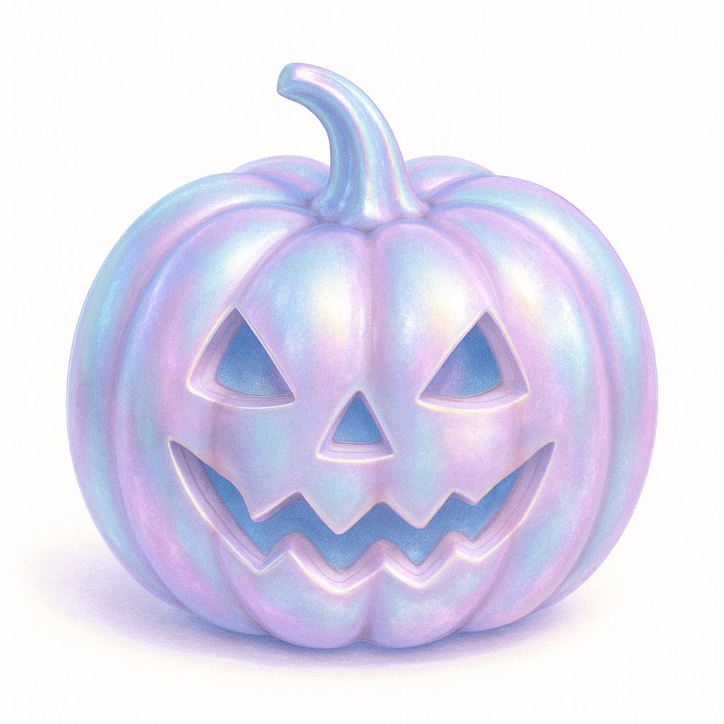 Iridescent Halloween pumpkin jack-o'-lantern with pastel purple, blue, and pink shimmer.