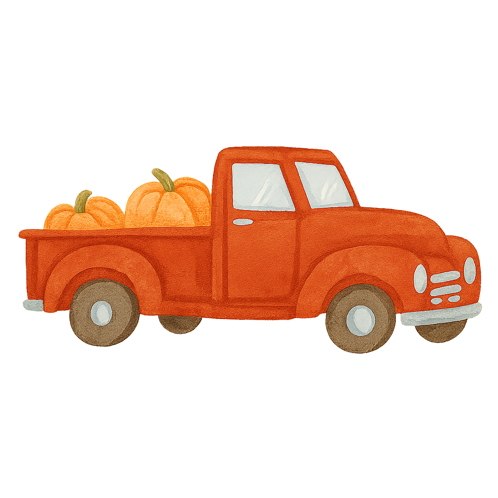 Orange watercolor pickup truck with pumpkins in the bed, on a black background.