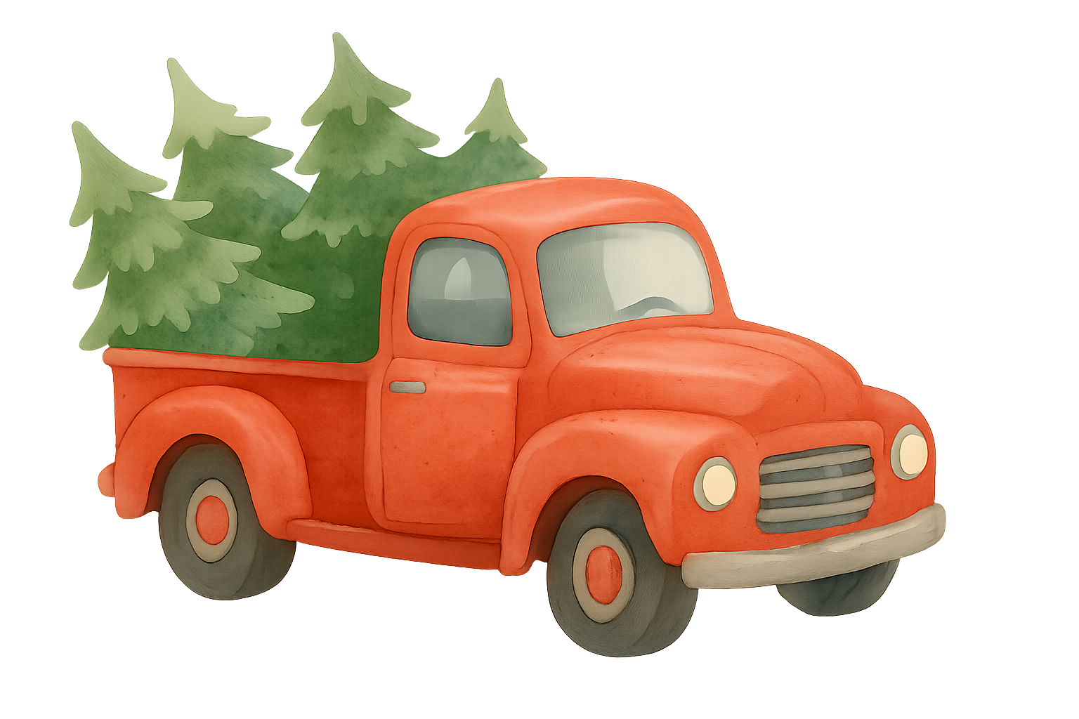 Vintage red truck hauling pine trees, watercolor style.