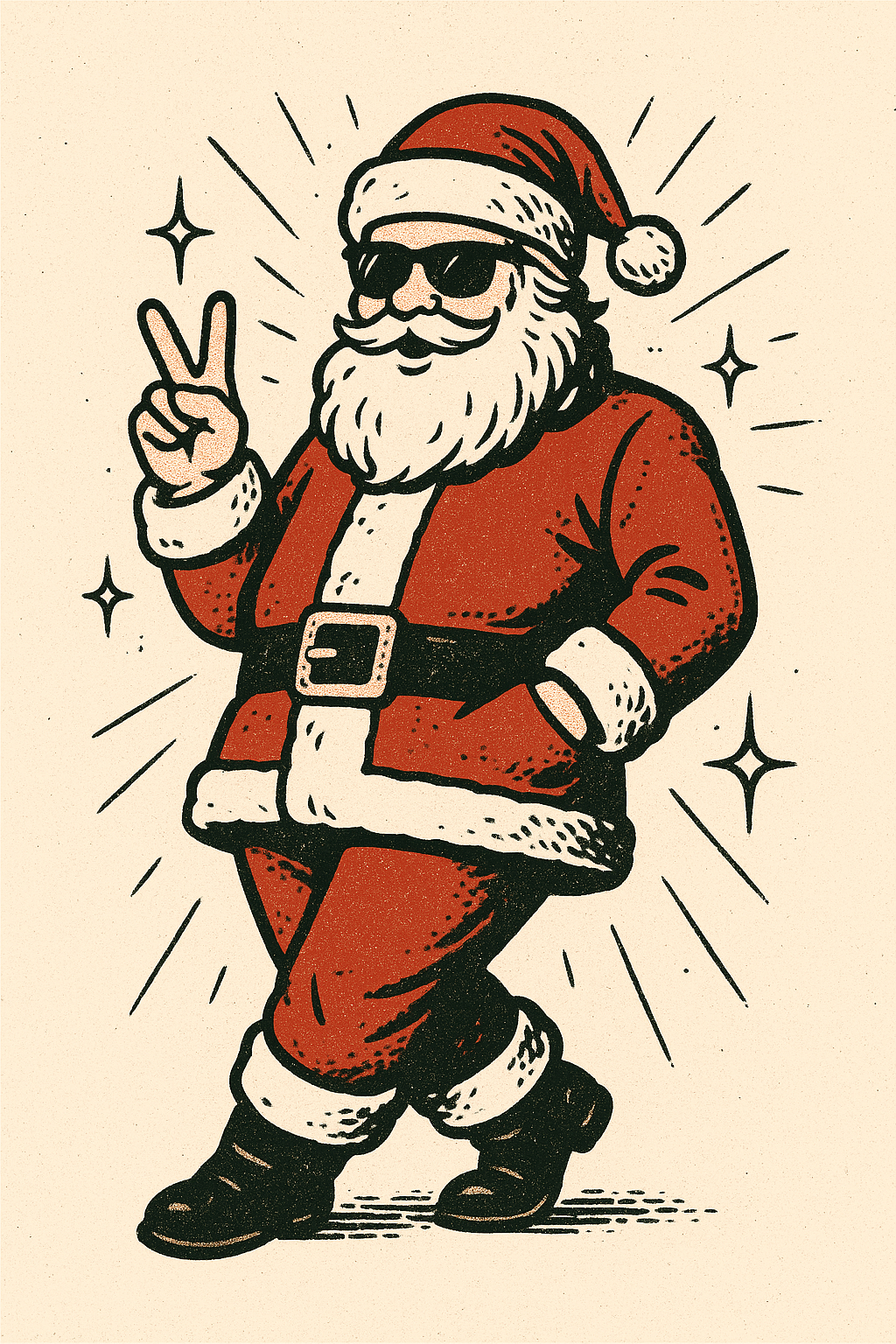 Cool Santa Vibes graphic of Santa Claus wearing sunglasses and holding up a peace sign, with starbursts.