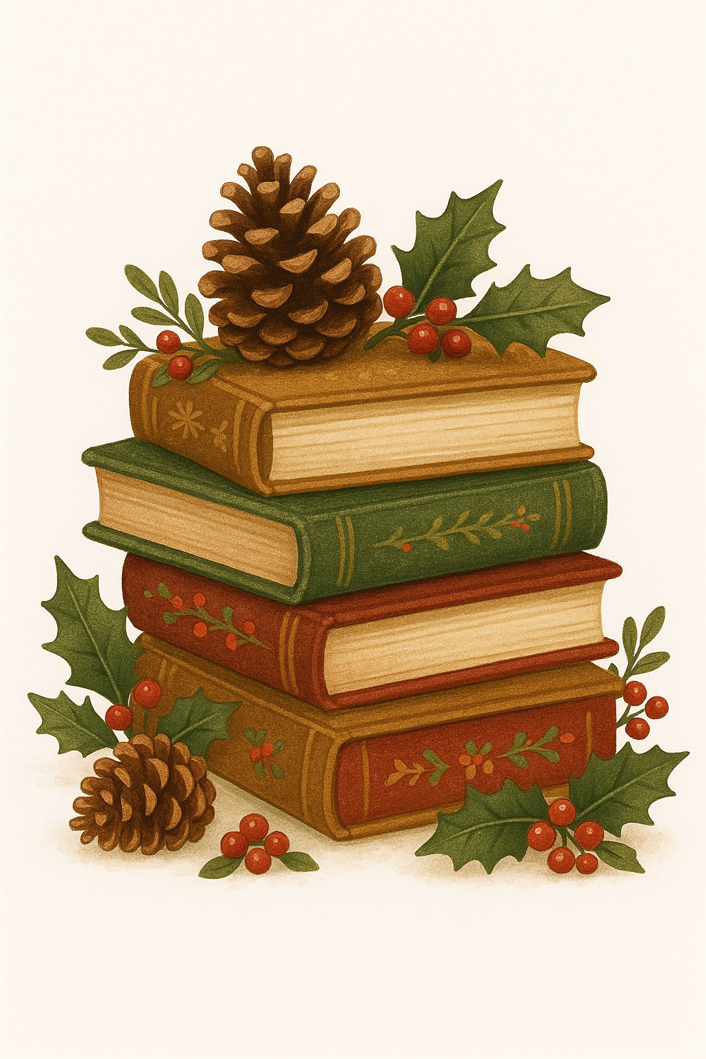 Festive stack of four books decorated with holly, berries, and pinecones.