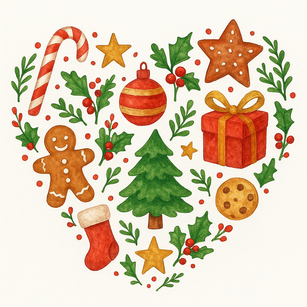 Heart shape arrangement of Christmas elements including gingerbread man, tree, stocking, candy cane, ornaments, cookies,