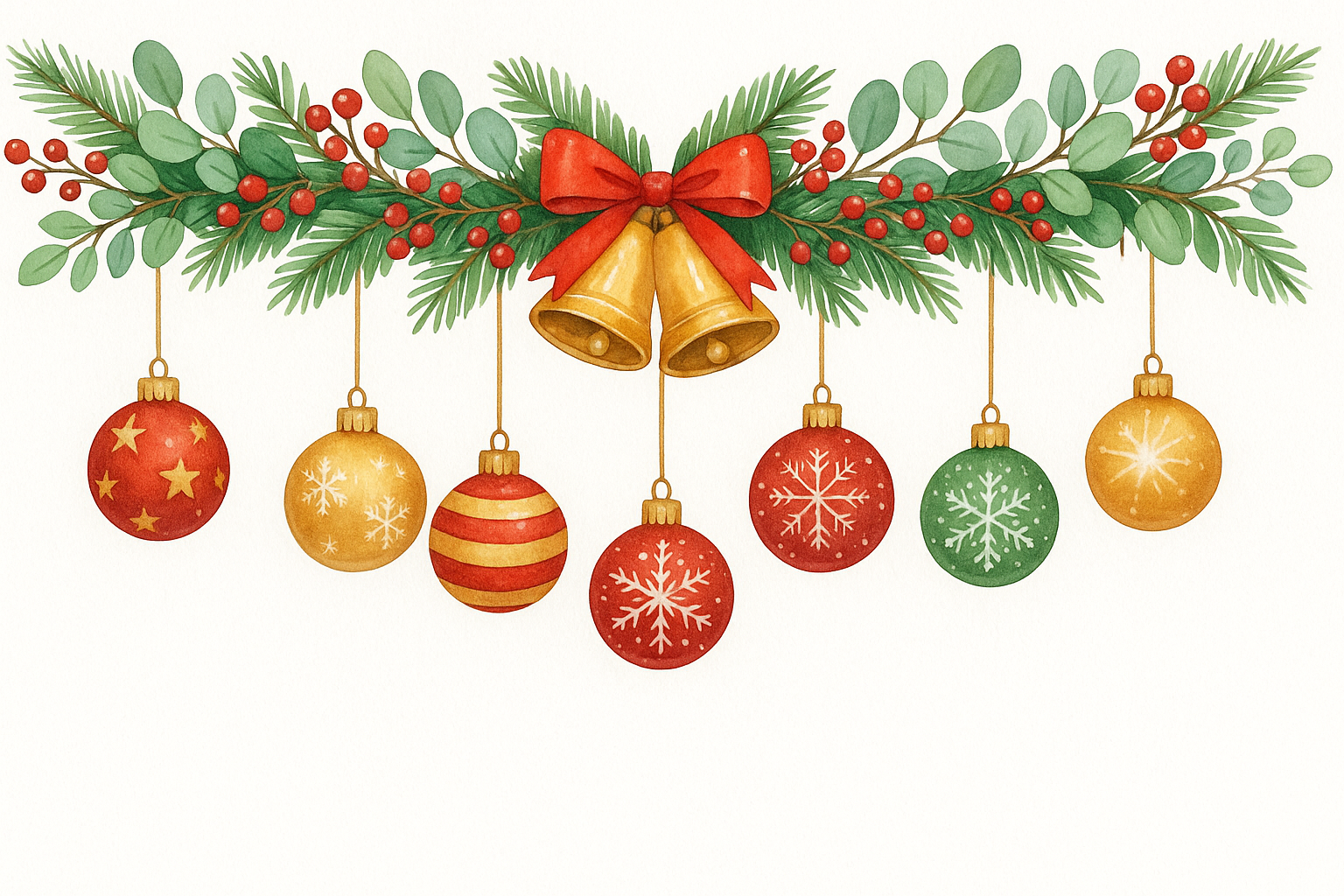 Festive Holiday Garland watercolor design with Christmas ornaments, bells, evergreen branches, and red berries.