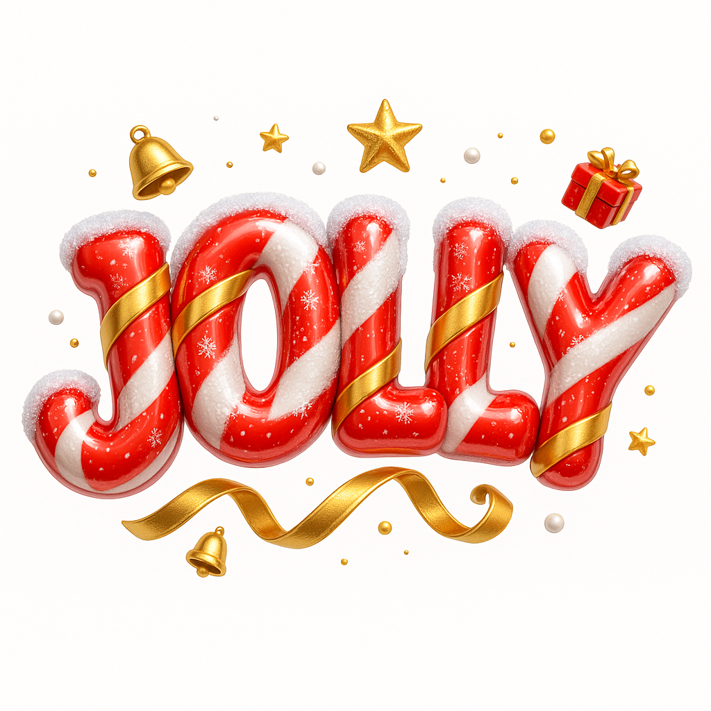 The word JOLLY in a candy cane style with snow, gold ribbon, bells, stars, and gift boxes, evoking Christmas.