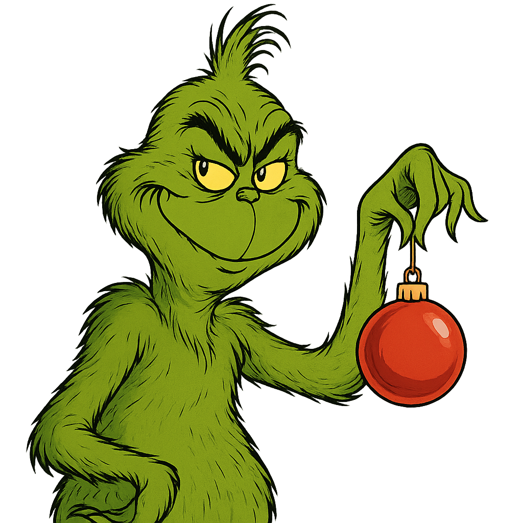 The Grinch character holding a red Christmas ornament, with a mischievous grin